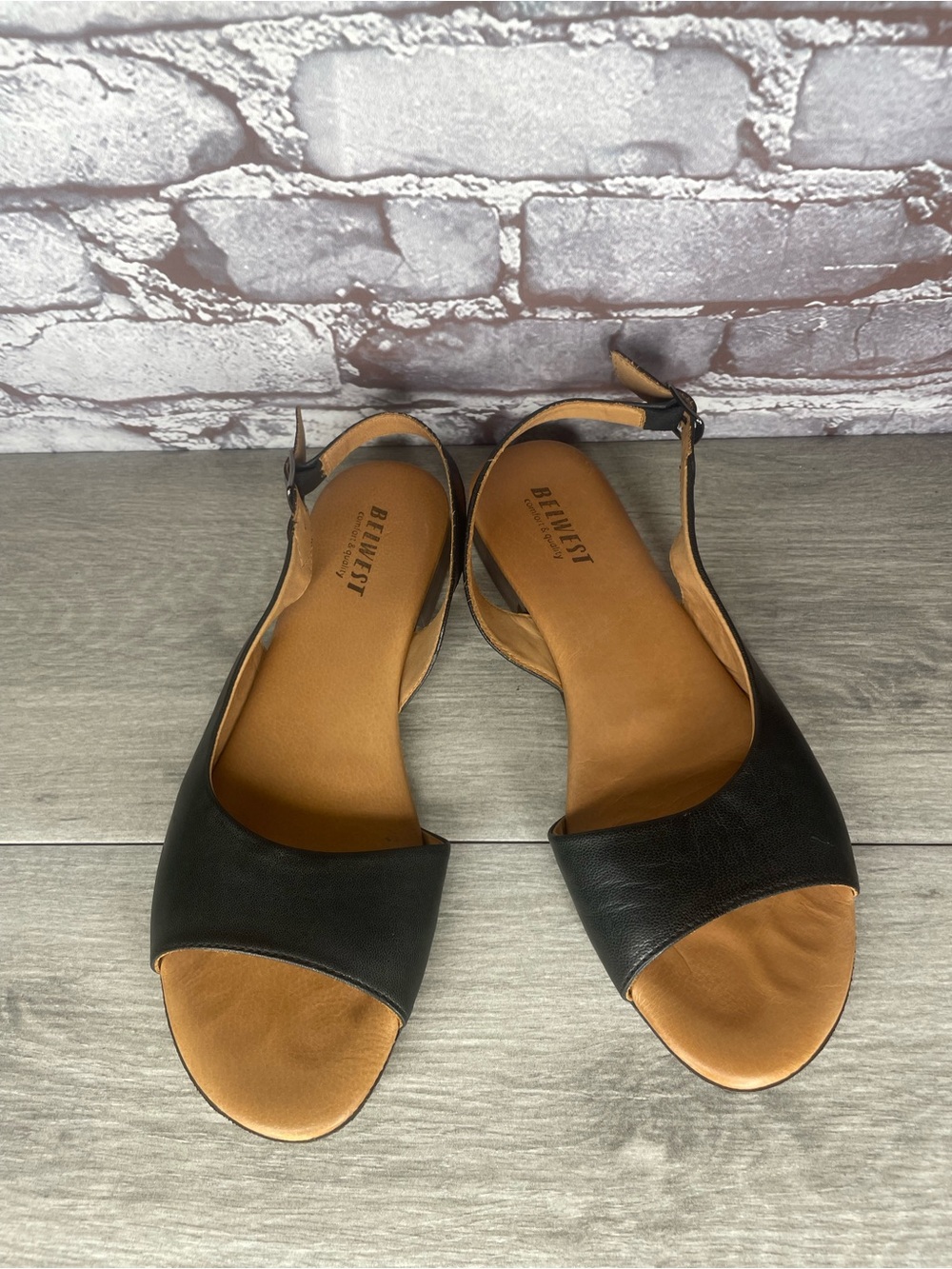 BELWEST Black Leather Ankle Strap Open Toe Flats Sandals Women Sz 40EU/9-9.5M US